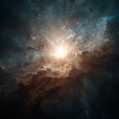 Wall Mural - Ethereal cosmic cloud nebula with shining starburst and golden light rays in deep space galaxy
