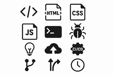 Black set of 12 programming icons. Minimal vector for software engineering.