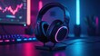 © shahida  - Immersive gaming setup featuring neon lit headphones and a stock market chart on a computer monitor