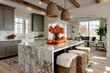 © pilipphoto - Modern kitchen interior with marble counter top decorated for fall with orange pumpkins and leaves, autumn home decoration