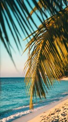 Wall Mural - A lone palm tree stands tall on a sandy beach, overlooking the vast blue ocean