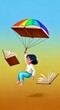 © NoorStockHouse - A girl floats with a rainbow umbrella parachute and flying books, depicting imagination and reading against a blue and orange-brown sky.