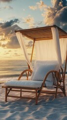 Wall Mural - Cozy beach bed with canopy, ideal for outdoor events or beach-themed photoshoots