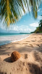 Wall Mural - A coconut shell lies on a sandy beach beneath a palm tree