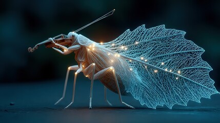Wall Mural -   A bug-shaped sculpture features a violin on its back legs and strings of lights adorning its body