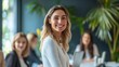 © ThisDesign - Woman presenting in front of a boardroom, colleagues listening, expression of confidence and clarity generative ai