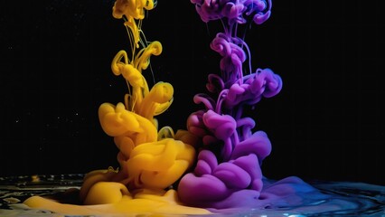 Wall Mural - yellow and purple ink mixing in water creating abstract shapes