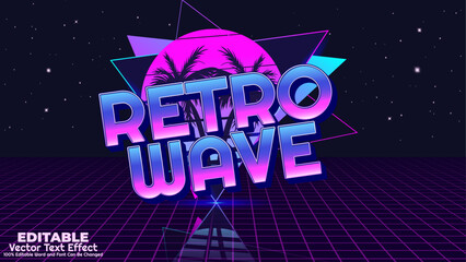 Retro wave 3d editable vector text effect. 80s synthwave, neon vaporwave, chrome glitch, and futuristic nostalgia typography style for digital design.
