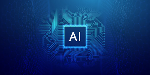 Circuit AI tech background with chip and semiconductor board in abstract blue line design. Digital vector connect for futuristic computer or cloud system. Microchip pattern with light and data.