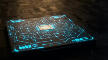 Futuristic microchip design illuminated in blue, placed on a dark circuit board background