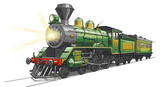 Vintage steam train illustration in green and gold, historical transport