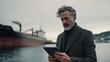 © pier - business man using tablet near oil tanker with fjord and cloudy sky background