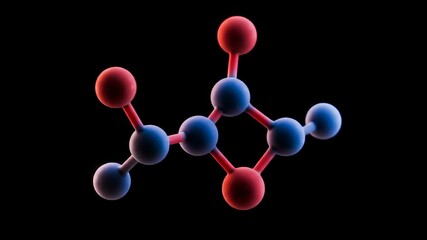 Three dimensional molecule model with red and blue atoms and bonds. Chemical structure or pharmaceutical research concept footage.