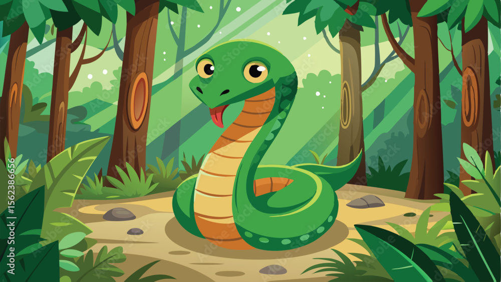 Cartoon Green Snake in Jungle Illustration with Trees and Leaves ...