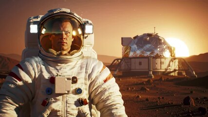 Wall Mural - Astronaut on Mars with a landing craft at sunset
