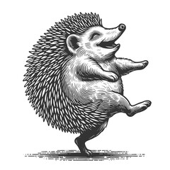 Wall Mural - dancing hedgehog sketch engraving generative ai vector illustration. scratch board imitation. black 