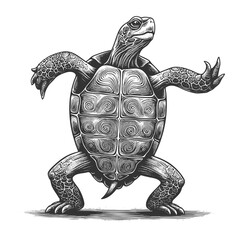 Wall Mural - turtle dancing sketch engraving generative ai vector illustration. scratch board imitation. black an