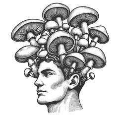 Wall Mural - male bust with mushrooms sprouting from his hair, symbolizing nature and imagination sketch engravin