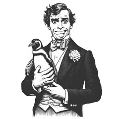 Wall Mural - victorian gentleman in a top hat holding a surprised penguin sketch engraving generative ai fictiona