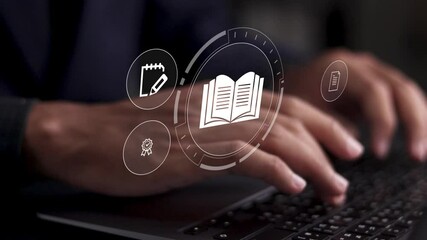 E-learning and online education concept. Online training programs and personalized learning. Person using laptop with E-learning icons on interface screen.