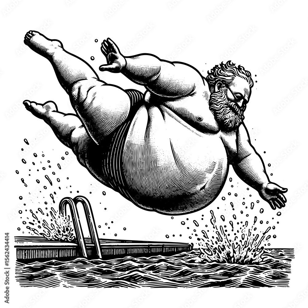 large man mid-dive into a swimming pool sketch engraving generative ai ...