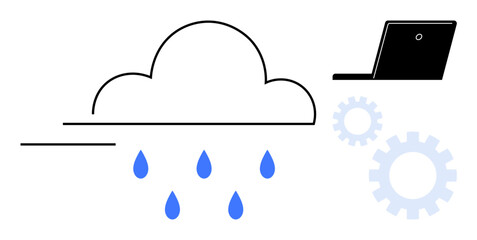 Wall Mural - cloud releasing data drops, laptop symbolizing connectivity, gears representing automation and innov