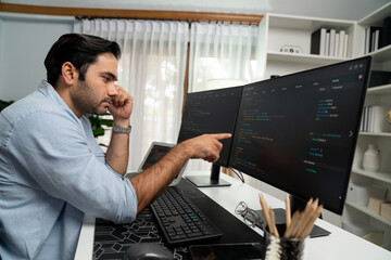 smart it developer manager calling to coworker solving problem in software coding system on pc scree