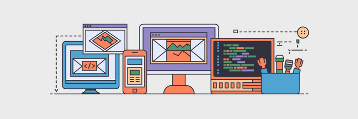 Web development icon set with code editor and browser interface