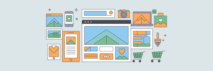 Vector website layout with interface icons and content sections