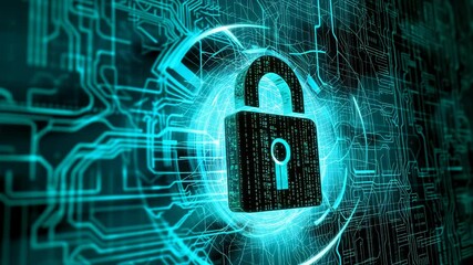Glowing digital lock with matrix code overlay representing advanced technological security system against cyber threats. Futuristic circuit background with interconnected network lines.
