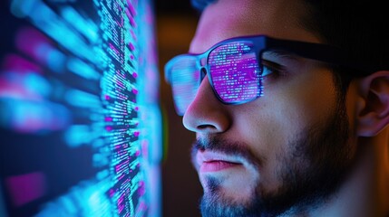 Focused coder gazing at glowing code