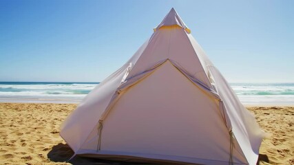 Wall Mural - Sunny beach tent relaxation with ocean waves and clear blue sky in summer