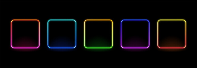 Wall Mural - set of five colorful neon glowing rectangular frames on black background. bright abstract light box 