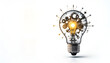 © UD - An illuminating lightbulb showcases mechanical gears and parts, symbolizing innovation, inventive thinking, and problem solving on a clean white backdrop.