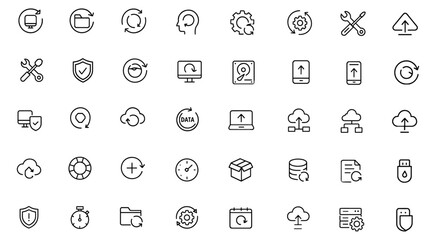 Editable Recovery Icon Set. Modern thin line vector illustration of backup, restore, setup, service, and maintenance icons. Pictograms for apps, technology, security, and data management.
