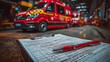 © T-elle - Accident Report Triage Record. Scene of an accident. Triage form on clipboard with pen, blurry ambulances in background. Focus on paper.
