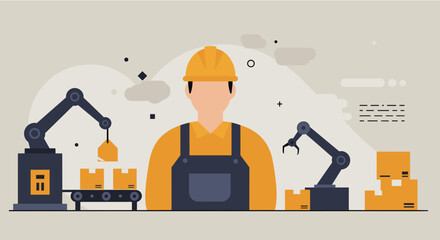 A flat design illustration depicts a worker overseeing an automated assembly line with robotic arms packaging boxes, ideal for a technology or manufacturing landing page.