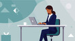 © Flat World Studio - a woman in a business suit sitting at a desk, working on a laptop, with geometric shapes in the background. Suitable for landing page, banner, marketing, web design, presentation, infographic, etc.