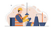 © Flat World Studio - An illustration depicts a construction worker in safety gear operating machinery in a factory environment, emphasizing industrial processes and labor.