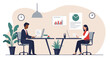 © Flatify Studio - Two individuals are depicted working at desks in an office setting, surrounded by office equipment and decor. Suitable for landing page, banner, marketing, web design, presentation, infographic, etc.