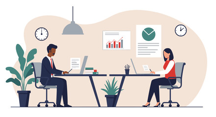 two individuals are depicted working at desks in an office setting, surrounded by office equipment a