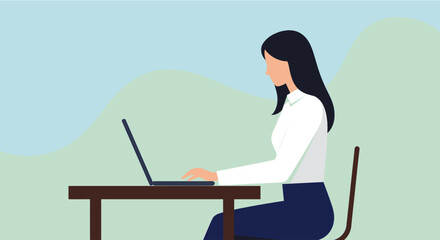 a woman is sitting at a desk, focused on her laptop, with a light blue background. suitable for land