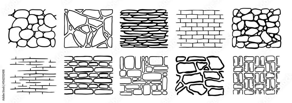 Brick and stone wall texture set. Hand drawn doodle design elements with different bricks and stones from buildings and houses. Outline vector illustration collection isolated on background