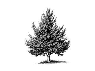 Old-style yew tree engraving, hand-drawn botanical sketch, evergreen branches, vintage black sketch, retro nature print, woodland decor, eco-friendly tree artwork, trendy rustic illustration