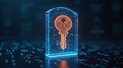 A cryptographic key glowing inside a transparent shield, surrounded by binary code