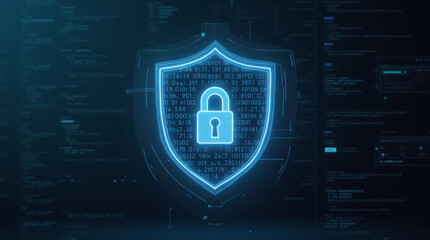 A cryptographic key glowing inside a transparent shield, surrounded by binary code