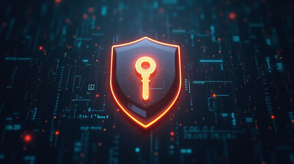 A cryptographic key glowing inside a transparent shield, surrounded by binary code