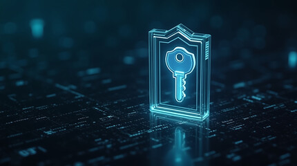 A cryptographic key glowing inside a transparent shield, surrounded by binary code