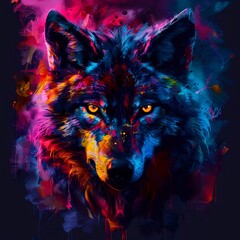 Naklejka na meble A symmetrical digital portrait with a fierce wolf face, neon glow effect, sharp yellow eyes, smooth fur textures, dramatic lighting, colorful style, and dramatic lighting.
