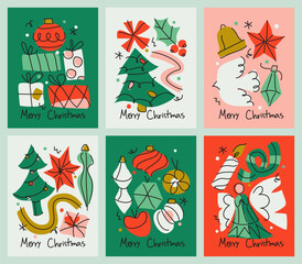 christmas cards set with stylish hand drawn elements like christmas tree, angel, gift, candle and ch